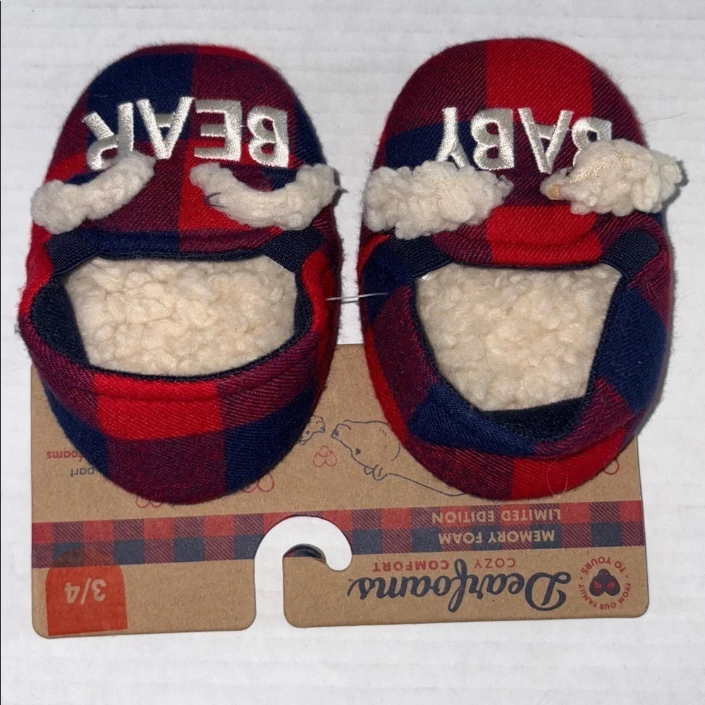 Dearfoams Baby Bear Red Blue Plaid Baby Slippers Memory Foam Size 3/4